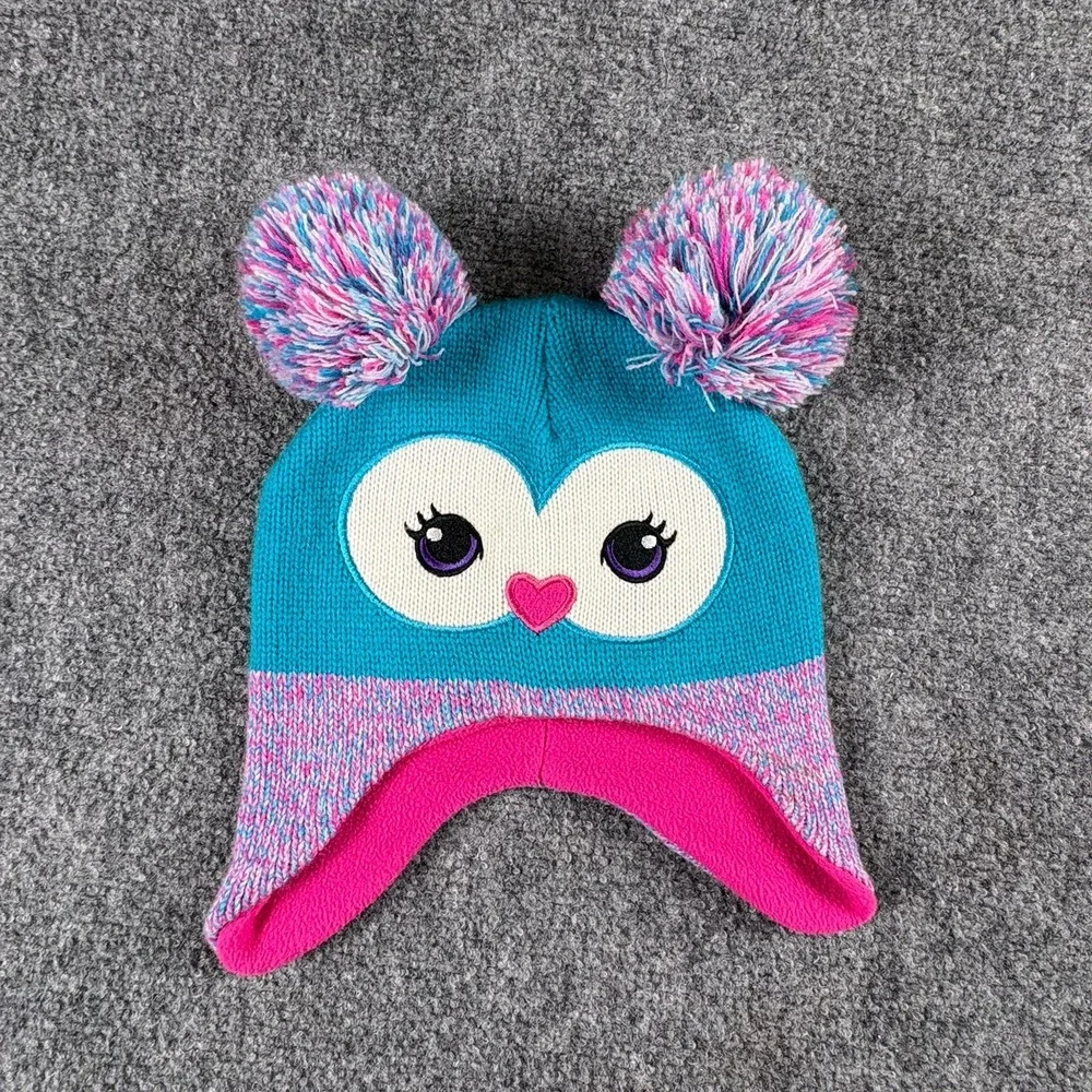 Mazzy Moore Owl Hat Girls 2T-5T Blue Pink Knit Pom Pom Ear Flap Winter Beanie
